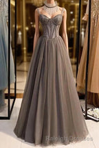 A-Line Prom Dresses Open Back Dress Formal Wedding Party Floor Length Sleeveless Spaghetti Strap Tulle with Pleats