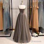 A-Line Prom Dresses Open Back Dress Formal Wedding Party Floor Length Sleeveless Spaghetti Strap Tulle with Pleats