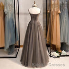 A Line Prom Dress Open Back Dresses Prom Wedding Prom Floor Length Sleeveless Spaghetti Strap Tulle with Pleats