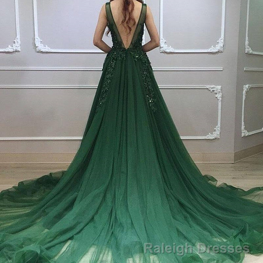 Dark Green Low Back Beaded Lace V-neckline Party Dress, A-line Prom Dress