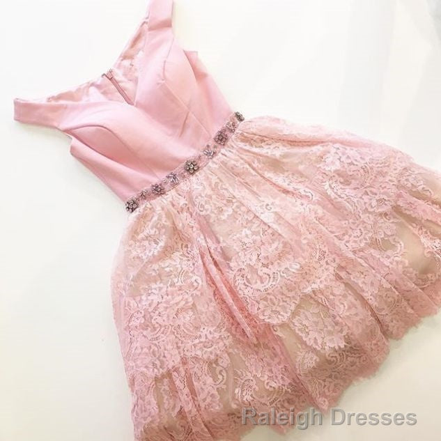 Impressive Pink Homecoming Dresses Zippers Sleeveless N/A V-Neck Scoop Short Lace Main image
