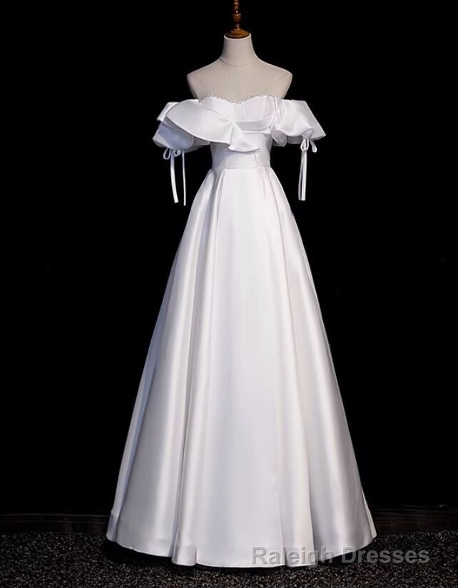 Impressive White Satin Off the Shoulder Beading Prom Dress Main image
