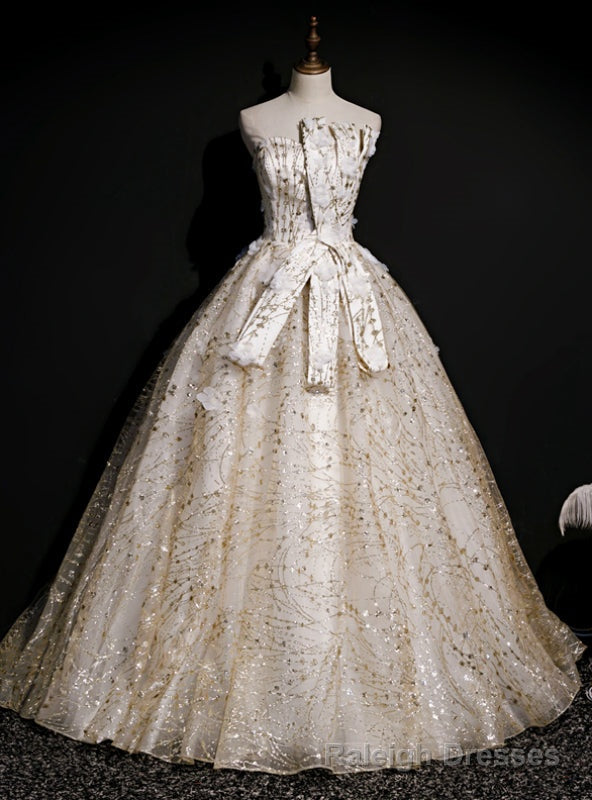 Individually Cut Gold Ball Gown Tulle Sequins Strapless Quinceanera Dress With Veil