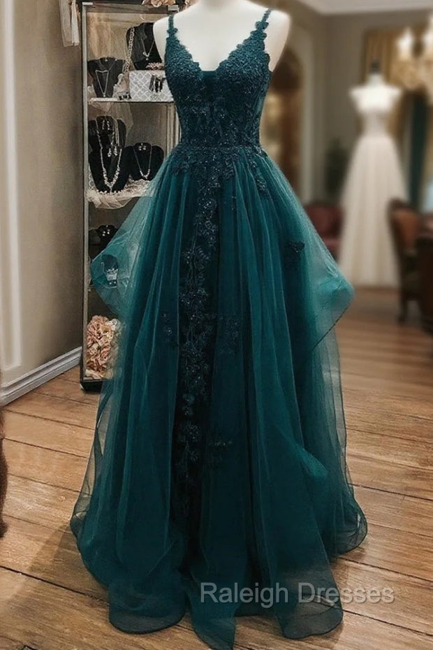 Ink Blue Prom Dresses, A-line V Neck Sleeveless Lace Tulle Long/Floor-Length Prom Dress With Beading Main image
