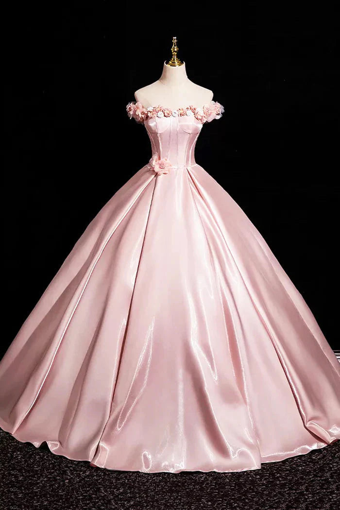 Pink A-Line Off Shoulder Satin Long Prom Dresses Beautiful A-Line Off The Shoulder Prom Dresses