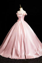 Pink A-Line Off Shoulder Satin Long Prom Dresses Beautiful A-Line Off The Shoulder Prom Dresses