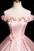 Pink A-Line Off Shoulder Satin Long Prom Dresses Beautiful A-Line Off The Shoulder Prom Dresses