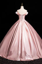 Pink A-Line Off Shoulder Satin Long Prom Dresses Beautiful A-Line Off The Shoulder Prom Dresses