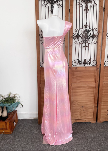 Iridescent Pink Mermaid One-Shoulder 3D Floral Slit Satin Long Formal Prom Dress Secondary image