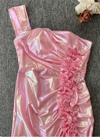 Iridescent Pink Mermaid One-Shoulder 3D Floral Slit Satin Long Formal Prom Dress