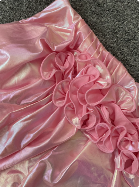 Iridescent Pink Mermaid One-Shoulder 3D Floral Slit Satin Long Formal Prom Dress