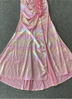 Iridescent Pink Mermaid One-Shoulder 3D Floral Slit Satin Long Formal Prom Dress