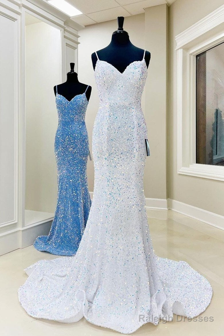 Iridescent Sequin White Prom Dress Mermaid Long Prom Dresses Spaghetti Straps Main image