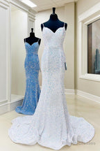 Iridescent Sequin White Prom Dress Mermaid Long Prom Dresses Spaghetti Straps
