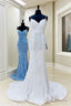 Iridescent Sequin White Prom Dress Mermaid Long Prom Dresses Spaghetti Straps
