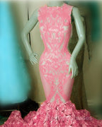 Iridescent Sequins Pink Rosette Mermaid Prom Dress
