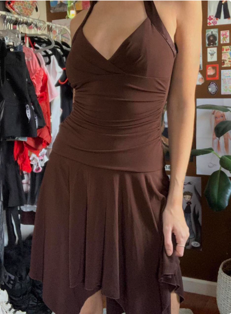 Irregular Halter Neck V-Neck Brown Waisted Birthday Short Skirt Homecoming Dress Secondary image