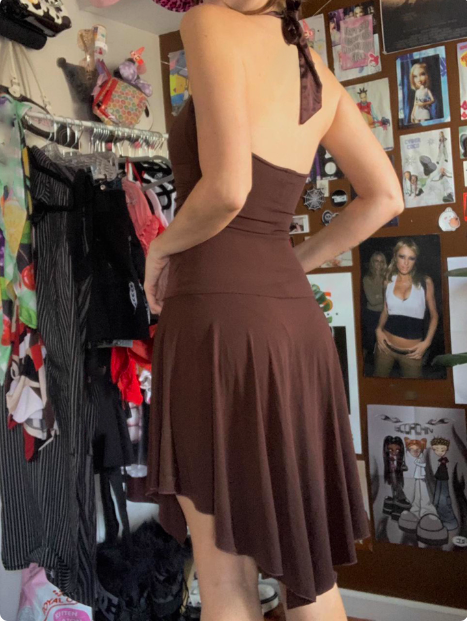 Irregular Halter Neck V-Neck Brown Waisted Birthday Short Skirt Homecoming Dress
