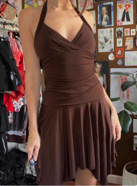 Irregular Halter Neck V-Neck Brown Waisted Birthday Short Skirt Homecoming Dress