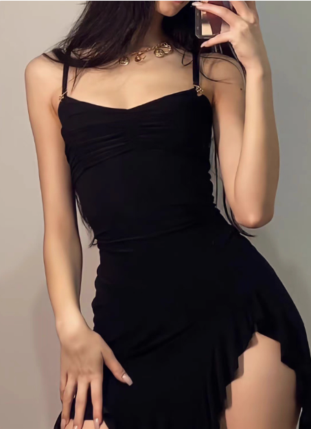 Irregular Slit Black Sling Waist Hip Birthday Short Skirt Homecoming Dress