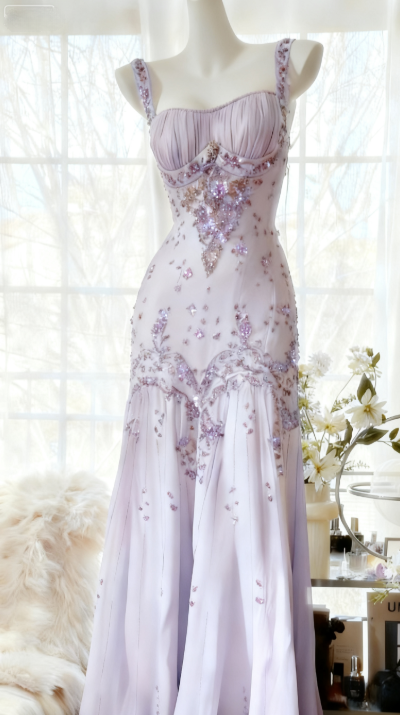Ivory A-Line Straps Beaded Chiffon Prom Dresses Long Graduation Prom Dresses