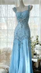 Ivory A-Line Straps Beaded Chiffon Prom Dresses Long Graduation Prom Dresses