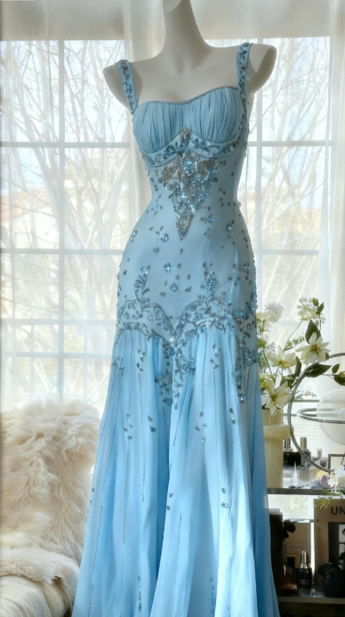 Ivory A-Line Straps Beaded Chiffon Prom Dresses Long Graduation Prom Dresses