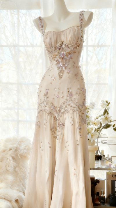 Ivory A-Line Straps Beaded Chiffon Prom Dresses Long Graduation Prom Dresses