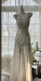 Ivory A-Line Straps Beaded Chiffon Prom Dresses Long Graduation Prom Dresses