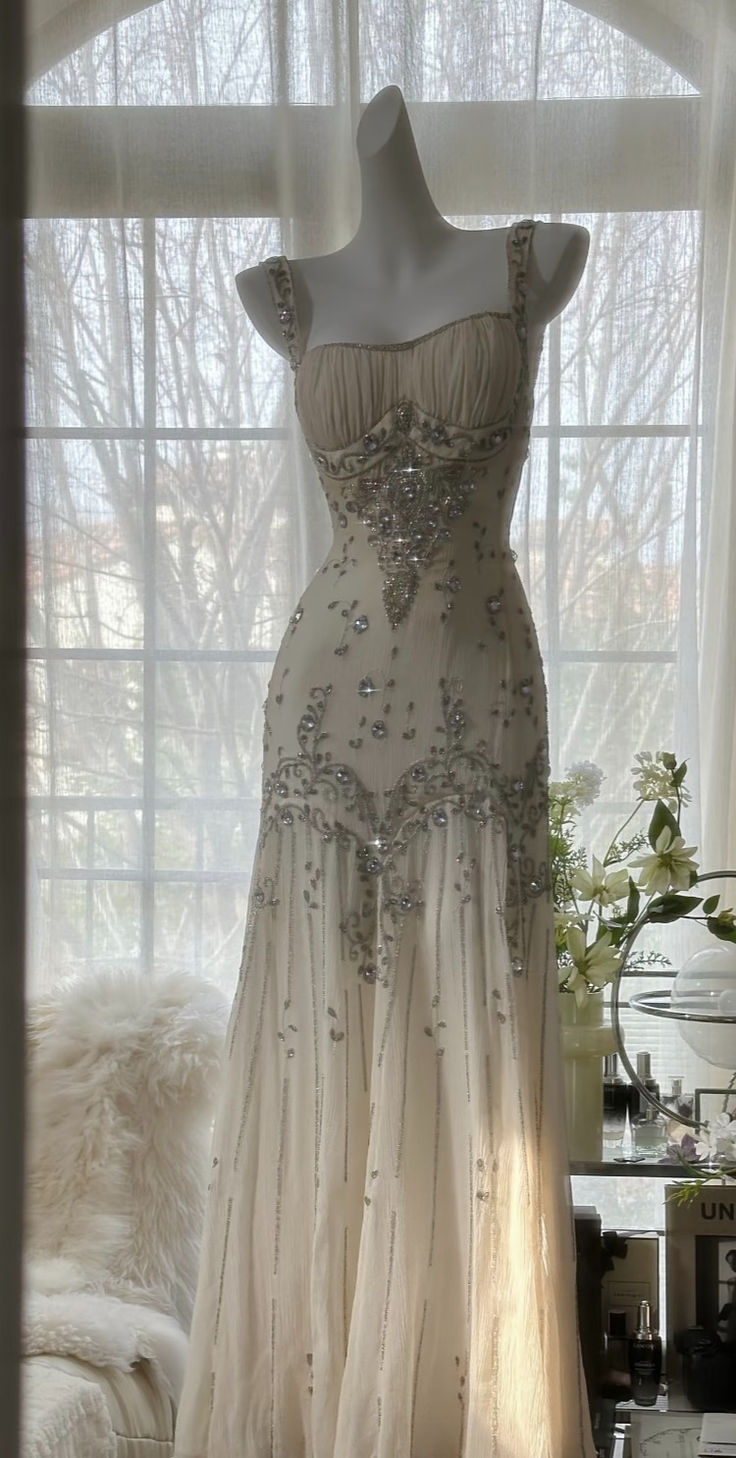 Ivory A-Line Straps Beaded Chiffon Prom Dresses Long Graduation Prom Dresses