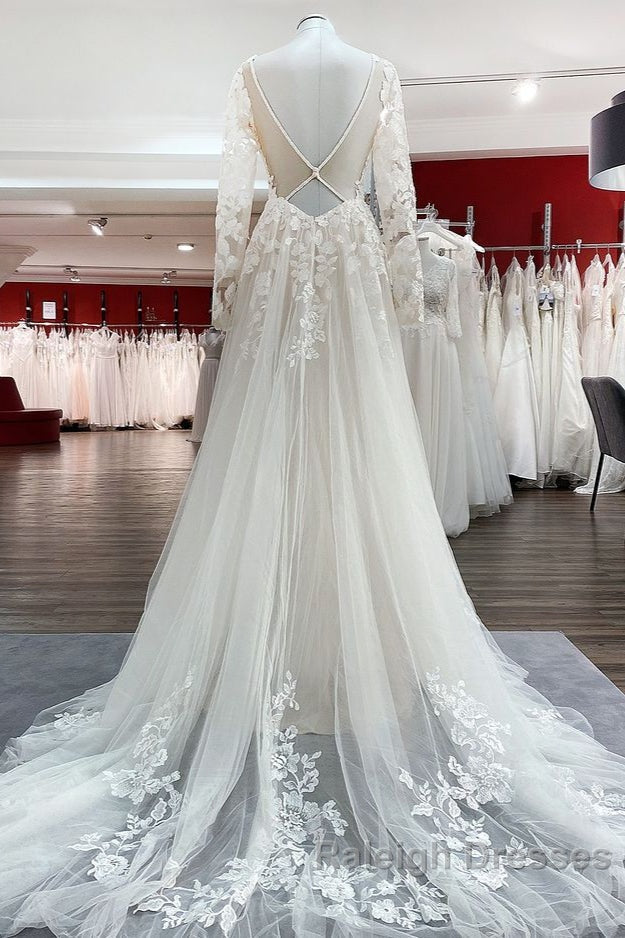 Ivory A Line Tulle Long Sleeves Lace Appliques Open Back Wedding Dress