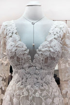 Ivory A Line Tulle Long Sleeves Lace Appliques Open Back Wedding Dress