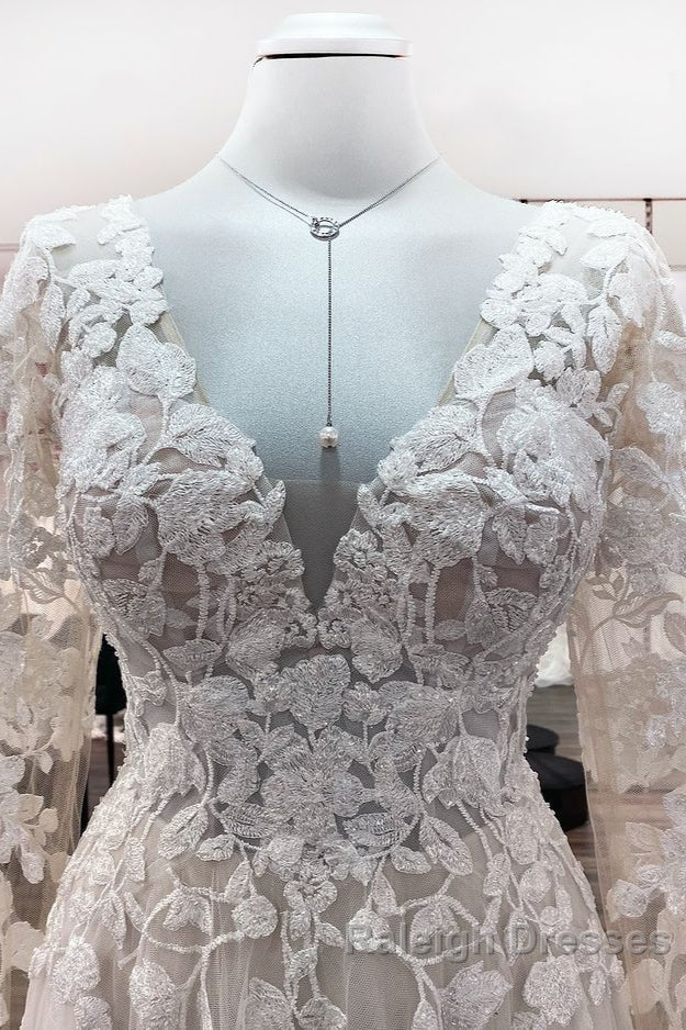 Ivory A Line Tulle Long Sleeves Lace Appliques Open Back Wedding Dress