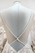 Ivory A-line Tulle Long Sleeves Lace Appliques Open Back Wedding Dresses