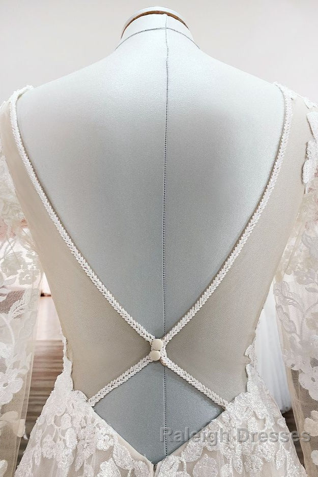Ivory A Line Tulle Long Sleeves Lace Appliques Open Back Wedding Dress
