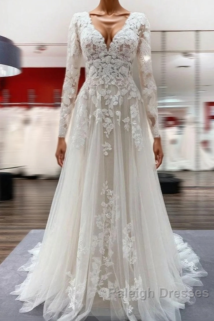 Ivory A-line Tulle Long Sleeves Lace Appliques Open Back Wedding Dresses Main image
