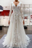 Ivory A-line Tulle Long Sleeves Lace Appliques Open Back Wedding Dresses