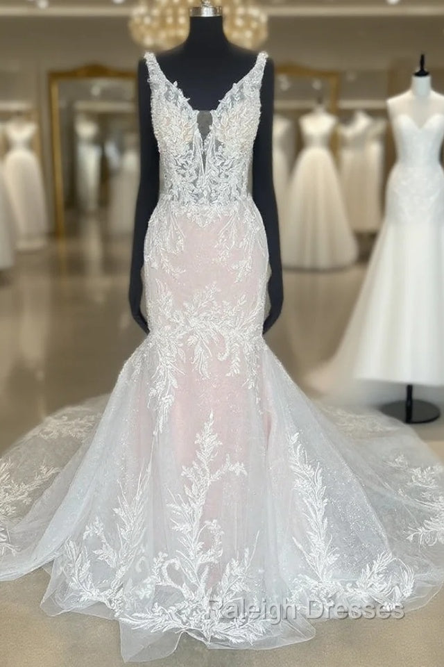 Ivory Appliques Plunge V Trumpet Long Bridal Gown Sexy Main image