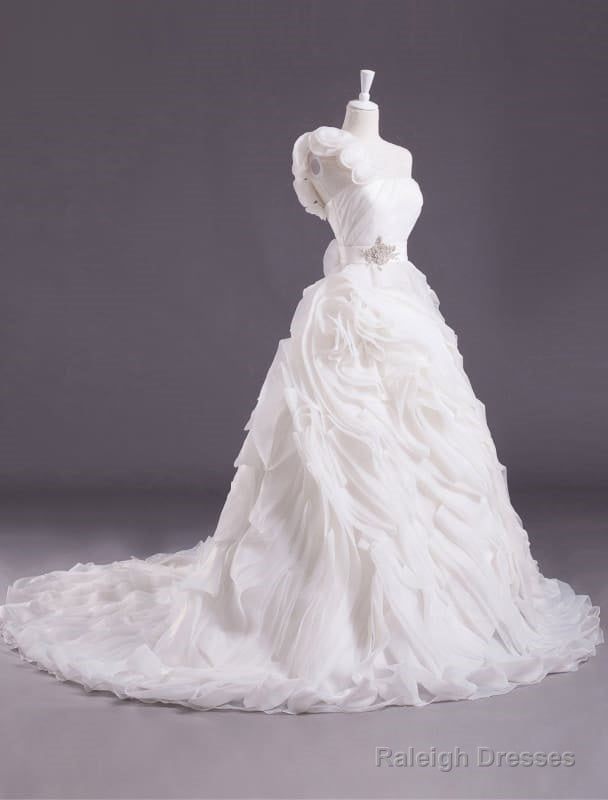 Ivory Ball Gowns One-Shoulder Flower Court Train Wedding Dresses
