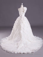 Ivory Ball Gowns One-Shoulder Flower Court Train Wedding Dresses