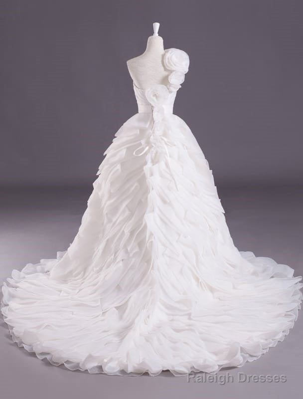 Ivory Ball Gowns One-Shoulder Flower Court Train Wedding Dresses