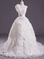 Ivory Ball Gowns One-Shoulder Flower Court Train Wedding Dresses