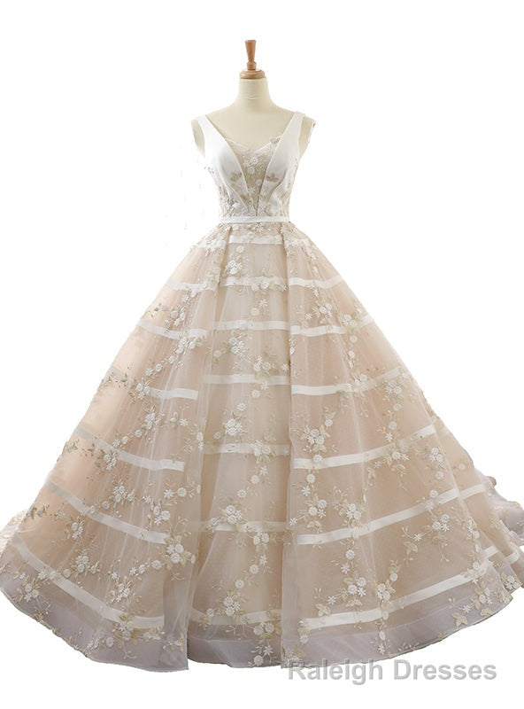 Ivory Ball Gown V-neck Backless Train Appliques Wedding Dress Main image