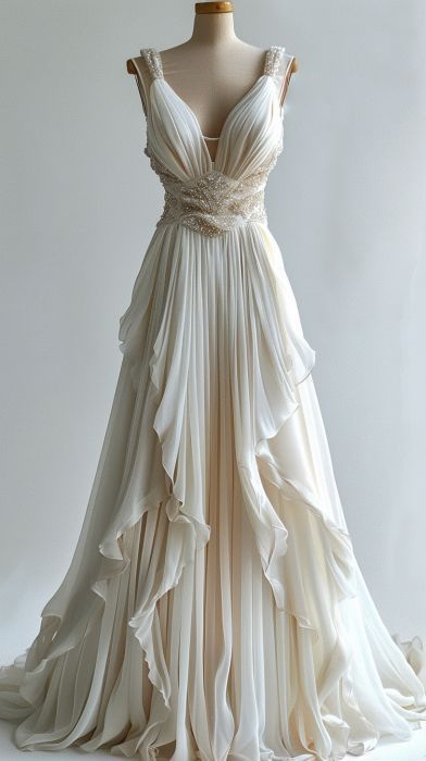 Ivory Beaded A-Line Prom Gowns Maxi Long Prom Dress Wedding Dress With Ruffles
