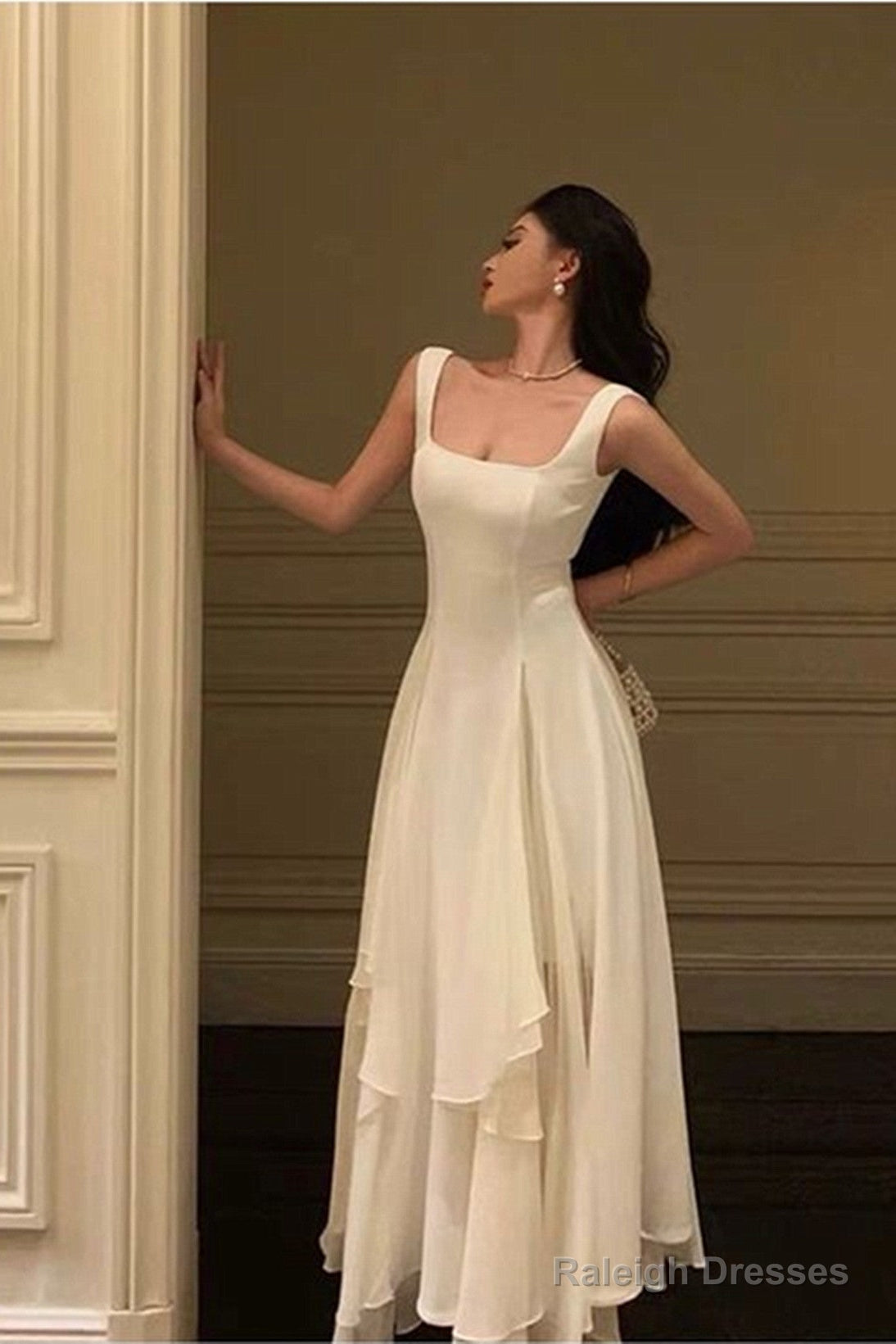 Ivory Chiffon Straps Long Party Dress Prom Dress, Ivory Formal Dress Main image
