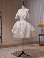 Ivory Chiffon with Lace Straps Short Prom Dress, Ivory Graduation Dress Formal Dress
