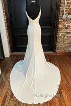 Ivory Cowl Neck Backless Mermaid Long Wedding Dresses With Slit