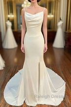 Ivory Cowl Neck Backless Mermaid Long Wedding Dress With Slit