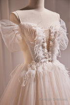 Ivory Floor Length Beaded Straps Prom Dress, Ivory Tulle Evening Dress