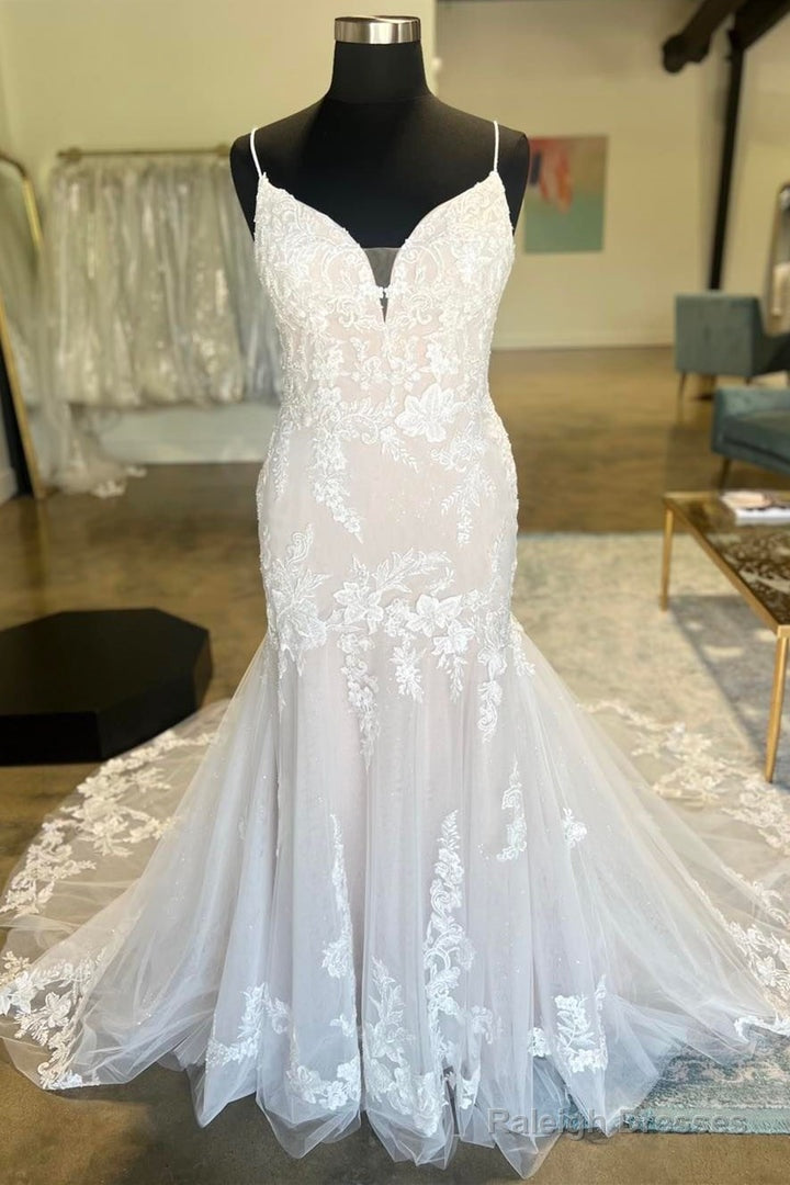 Ivory Floral Lace Plunge V Trumpet Long Bridal Gowns Wedding Dress